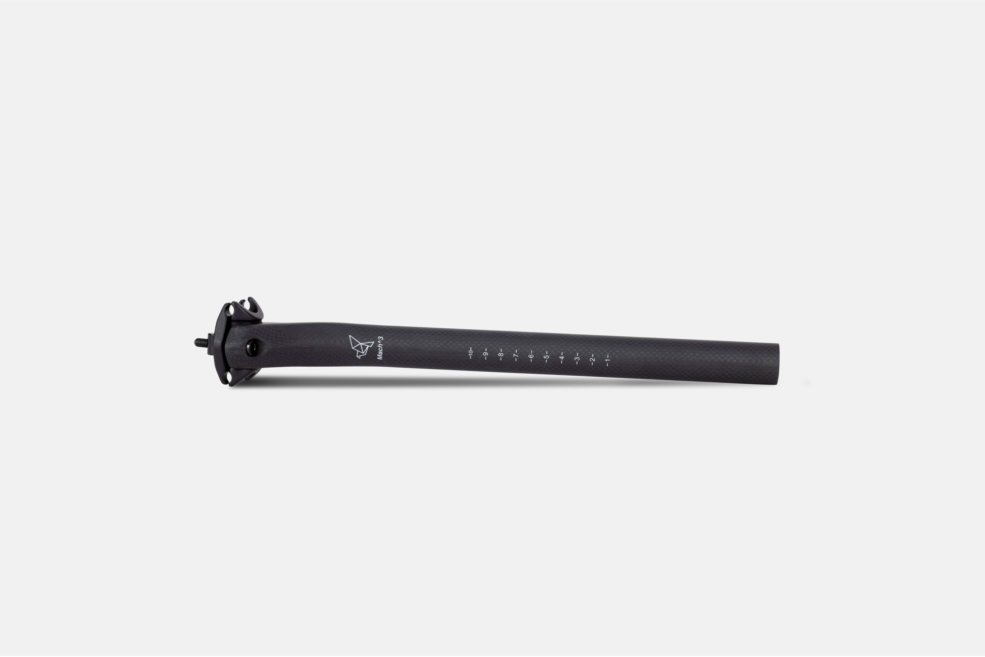 Lightweight carbon seatpost featuring tightly woven Litebike X Weave™ carbon fibre and corrosion-resistant black titanium bolts, ideal for cyclists seeking weight savings and reliability.