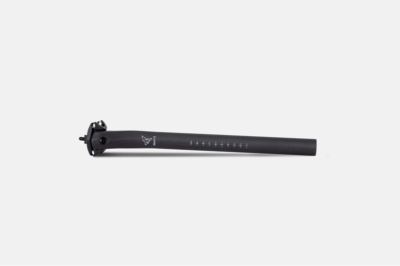Lightweight carbon seatpost featuring tightly woven Litebike X Weave™ carbon fibre and corrosion-resistant black titanium bolts, ideal for cyclists seeking weight savings and reliability.