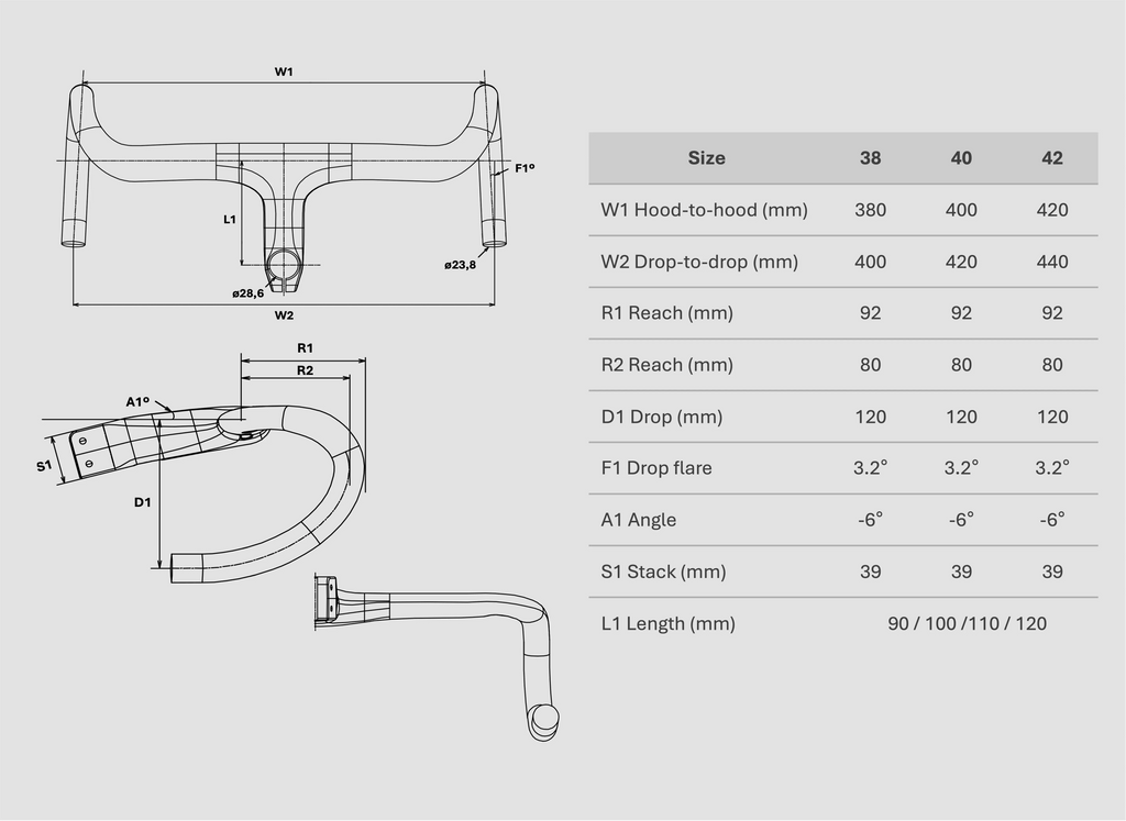 Detailed schematic of Onyx integrated aero carbon handlebars, showcasing dimensions and specifications for individual sizes.