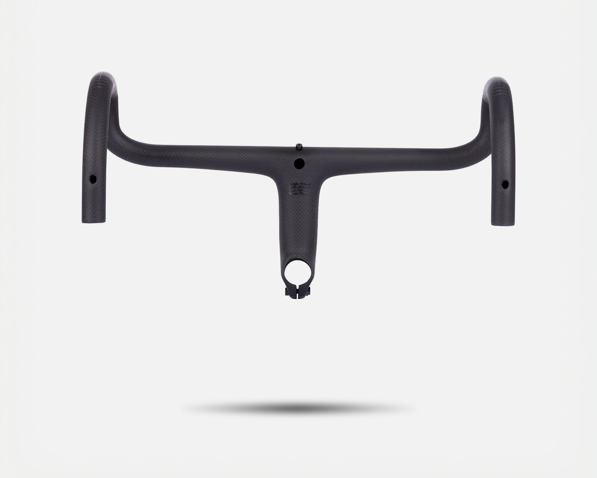Litebike lightweight integrated barstem. 246g carbon fibre barstem. 3k weave carbon fibre. Underside angle. Super lightweight for road cycling, gravel cycling and everyday use. White background.