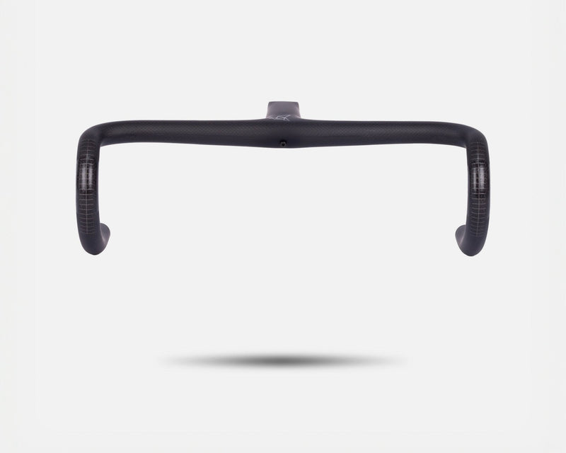 Litebike lightweight integrated barstem. 246g carbon fibre barstem. 3k weave carbon fibre. Front angle. Super lightweight for road cycling, gravel cycling and everyday use. White background.