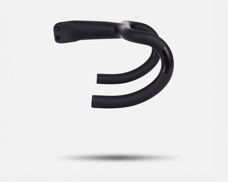 Litebike lightweight integrated barstem. 246g carbon fibre barstem. 3k weave carbon fibre. Side angle. Super lightweight for road cycling, gravel cycling and everyday use. White background.