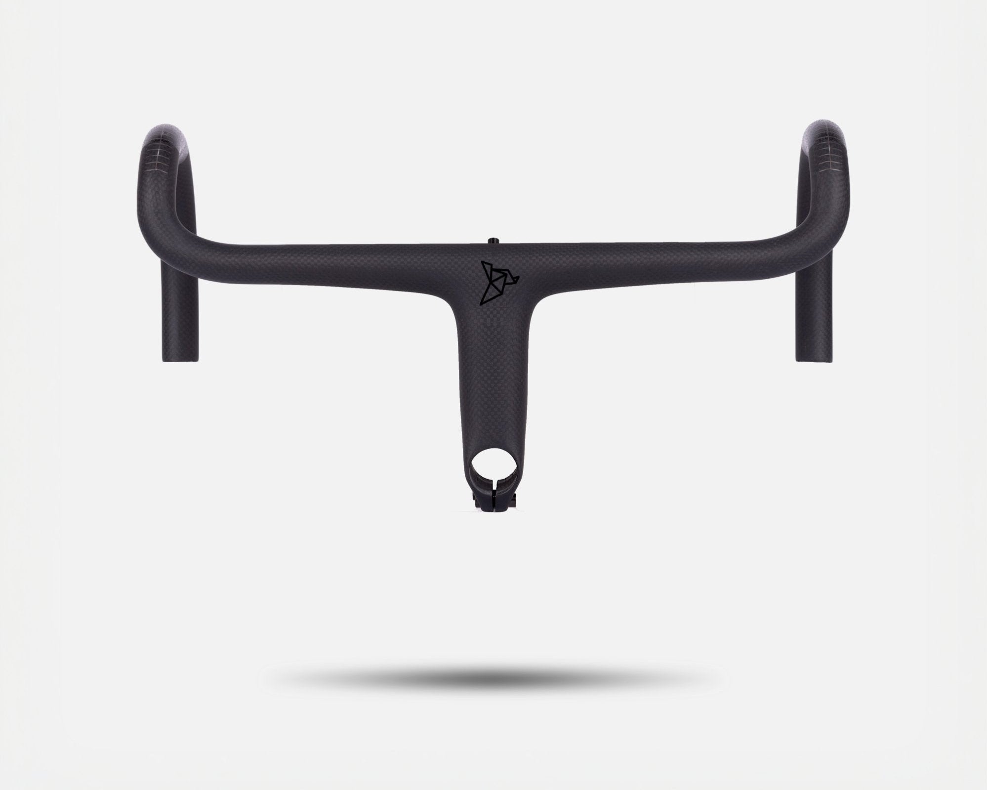 Litebike lightweight integrated barstem. 246g carbon fibre barstem. 3k weave carbon fibre. Top angle. Super lightweight for road cycling, gravel cycling and everyday use. White background.