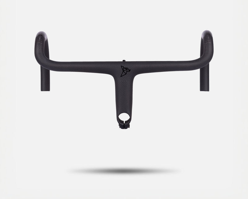 Litebike lightweight integrated barstem. 246g carbon fibre barstem. 3k weave carbon fibre. Top angle. Super lightweight for road cycling, gravel cycling and everyday use. White background.
