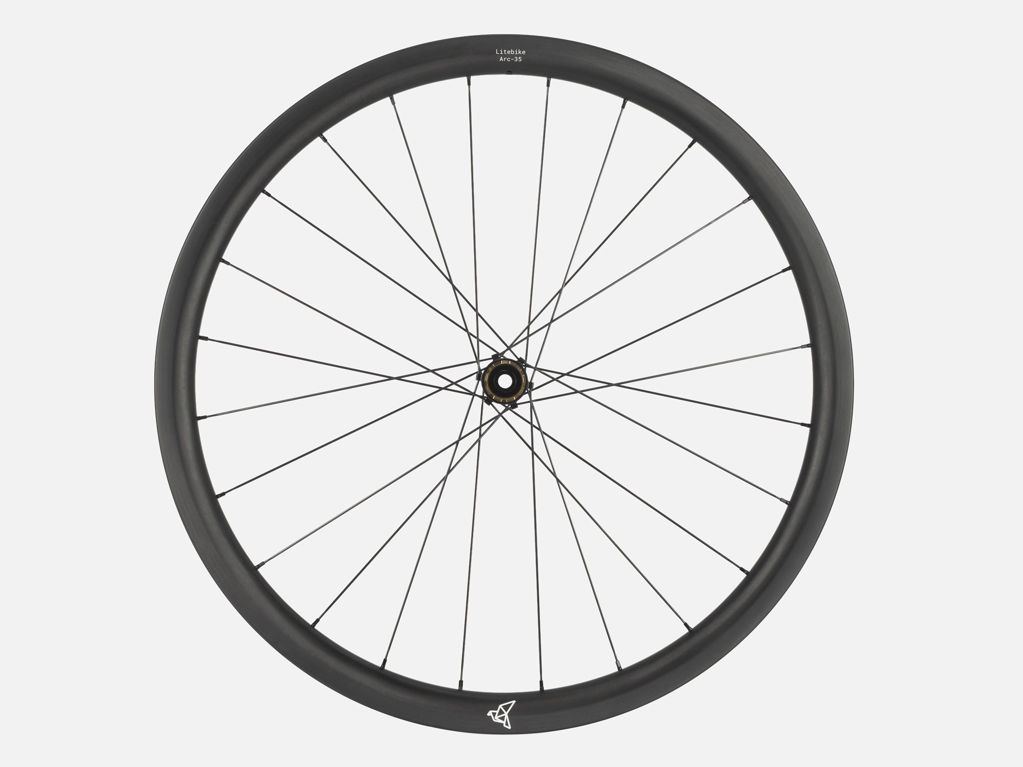 A black carbon fiber road bicycle wheel by Litebike (Arc-35) shown from the front against a light gray background.