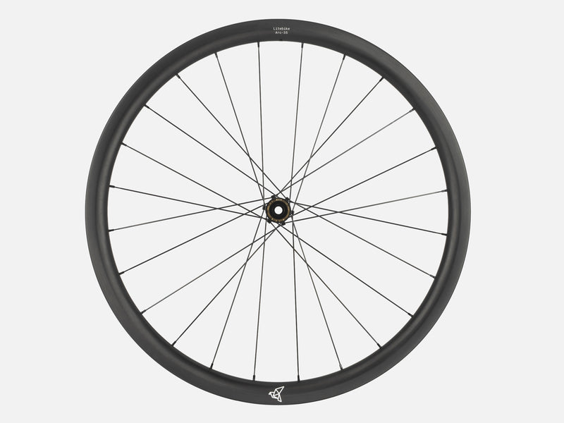 A black carbon fiber road bicycle wheel by Litebike (Arc-35) shown from the front against a light gray background.